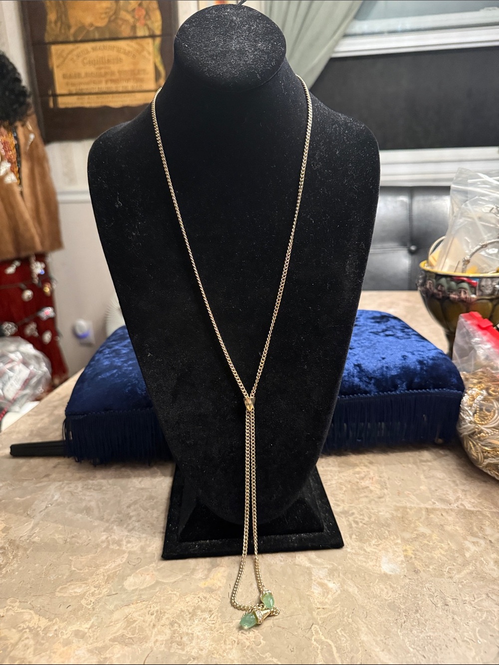 Vintage banana republic, Y style goldtone necklace with green and stones